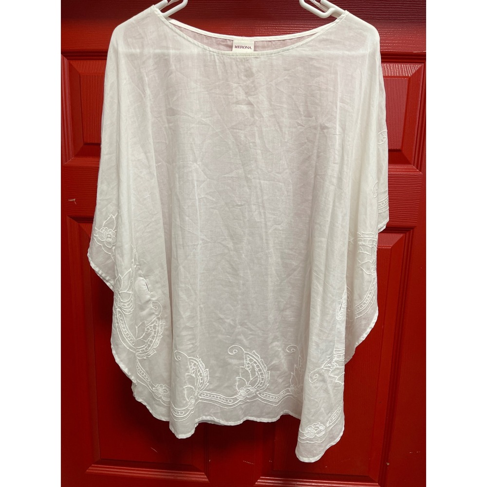 Merona White Embroidered Poncho Blouse S Cotton Kaftan Top Breezy Boho